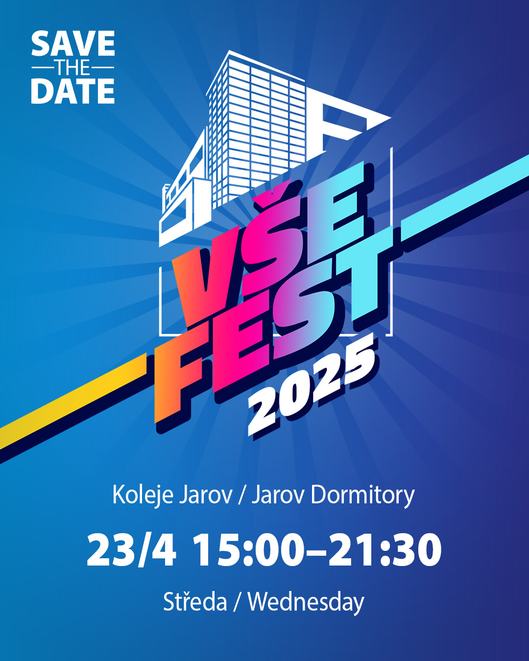 23. dubna zažiješ největší studentský festival VŠE!🌞
Areál kolejí na Jarově se stane dějištěm studentského festivalu VŠEfest, na němž zahrají tři super kapely – Luxfery, Safe Exit a 301.🎶
Chybět nebudou studentské spolky – více než dvacet z nich si připravilo aktivity, na kterých můžete získat další body do Souboje fakult.🎯 Kromě toho se můžete těšit na několik klání v Souboji, kde se utkají zástupci vašich fakult přímo na stage!🏆
Získá letos FFÚ třetí vítězství v řadě, nebo ji jiná fakulta porazí?🏅
Přijď podpořit FMV! 🧡
Registruj se a získej první body pro svou fakultu už nyní na vse.cz/vsefest
#vsefest #fmvvse #vsecz #studentifmv #studentivse #fakultamezinarodnichvztahu
–––––
On April 23 you‘ll experience the largest student festival at VŠE!🌞
The Jarov dormitory campus will become the venue for the student festival VŠEfest, where three super bands – Luxfery, Safe Exit and 301 – will play.🎶
There will be no shortage of student clubs – more than twenty of them have prepared activities where you can earn more points for the Faculty Battle.🎯 In addition, you can look forward to several Battle competitions, where representatives of your faculties will compete directly on stage! 🏆
Will the FFA win for the third time, or will another faculty beat them?🏅
Register and get the first points for your faculty now on vse.cz/vsefest
#vsefest #fir #vsecz