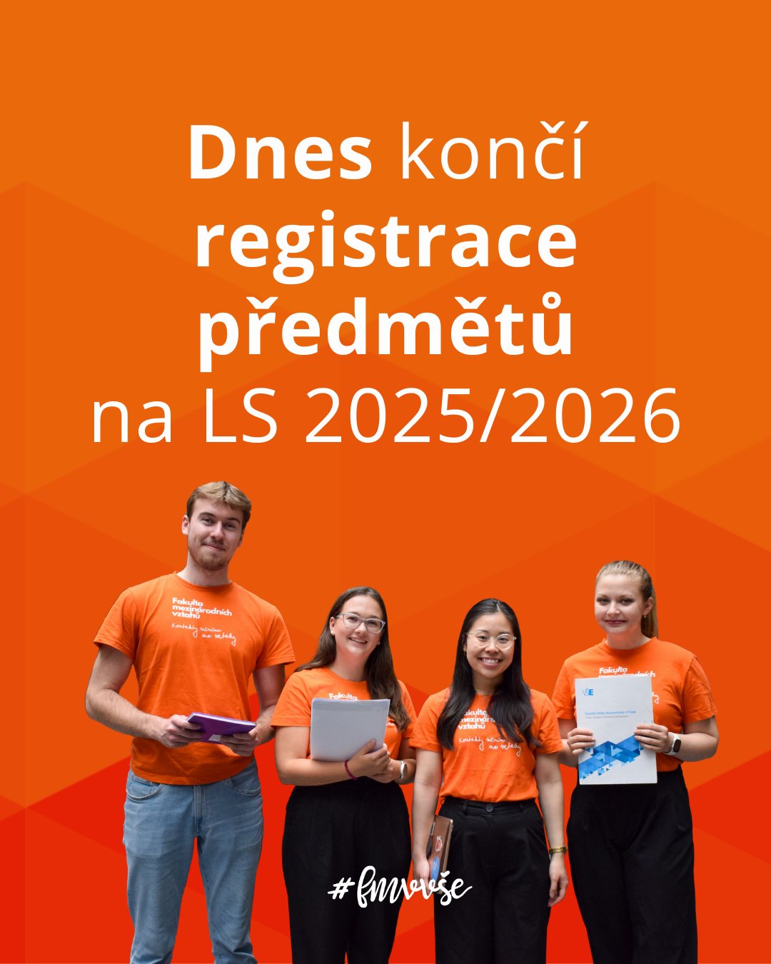 Nezapomeň si zaregistrovat předměty! ✨

📌 Registrace předmětů končí zítra, 27. 1. 2026 ve 23:59.

Co následuje po registraci předmětů?🧡
📌 Automatizovaný zápis předmětů I. třídy proběhne 2. 2. 2026.
📌 Individuální zápis předmětů I. třídy probíhá 2. - 4. 2. 2026.

📌 Automatizovaný zápis předmětů II. třídy proběhne 5. 2. 2026.
📌 Individuální zápis předmětů I. a II. třídy probíhá 5. - 7. 2. 2026.

📌 Automatizovaný zápis všech zaregistrovaných předmětů proběhne 9. 2. 2026.
📌 Individuální zápis zaregistrovaných i nezaregistrovaných předmětů probíhá 9. - 11. 2. 2026.

📌 Změny v zápisech jsou možné v prvním týdnu výuky: 16. 2. – 20. 2. 2026.

Potřebuješ více informací k zápisu předmětů? 🔍
📚 Podívej se do manuálu prváka: fmv.vse.cz/wp-content/uploads/Manual_prvaka_2025_finalni-verze.pdf
💻 Nebo navštiv web fakulty: fmv.vse.cz

#studentifmv #studentlife #fmvvse #fakultamezinarodnichvztahu #vsecz @vsecz #studyatvse #fmvjelaska #menimekontaktynavztahy