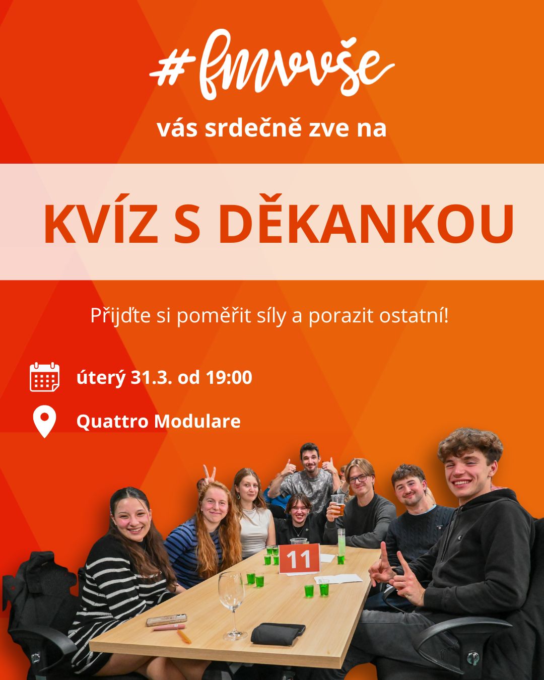 🤩 Další semestr, další Kvíz s děkankou!! 🤩

Přijďte provětrat mozkové závity, poznat nové lidi a užít si večer plný zábavy a soutěžní atmosféry na podzimní kolo FMV Kvízu s děkankou!!💡👩‍🎓

📅 Kdy? V úterý 31.3.2026 od 19:00 (příchod účastníků od 18:30).
📌 Kde? V učebně Quattro Modulare v IB na Žižkově.

Soutěžit se bude v týmech po 4 až 6 členech. Opět na nás čekají 4 tématická kola plná zajímavých otázek a celým kvízem nás provede sama paní děkanka 🧡

Vítězný tým si domů odnese krásné ceny!🥇🎉

Přihlásit se můžete jako tým i jako jednotlivec (následně budete k týmu přiřazeni). Srdečně vítáme studenty, absolventy, akademické pracovníky i zaměstnance školy!🙌

Příchod účastníků bude od 18:30, začátek kvízu v 19:00 a předpokládaný konec 21:30. Po skončení s k nám můžete přidat na afterparty!🍻

❗Kapacita je omezená, přihlašte se tedy co nejdříve pomocí odkazu v biu.✍️

Budeme se na vás těšit!🧡

#kvizsdekankou #fmvvse #fakultamezinarodnichvztahu #vsecz #studentifmv #dekankafmv #menimekotaktynavztahy #pubquiz