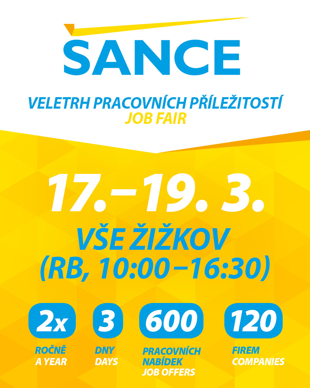 💼 Hledáš stáž, práci nebo si chceš vylepšit CV? Přijď na veletrh ŠANCE!
 
📅 17. – 19. března 2025
📍 Rajská budova @vsecz

A na co se můžeš těšit?
- Setkání s top zaměstnavateli
- Konzultace CV s @honors_academia
- Profesionální líčení a focení na CV
- Konzultace podnikatelského záměru s @czechinvestagency
- Kariérní workshopy a přednášky a mnoho dalšího

#studentifmv #studentlife #fmvvse #fakultamezinarodnichvztahu #vsecz @vsecz #studyatvse #prilezitosti #spoluprace #menimekontaktynavztahy #SANCE #veletrhsance #fmvjelaska