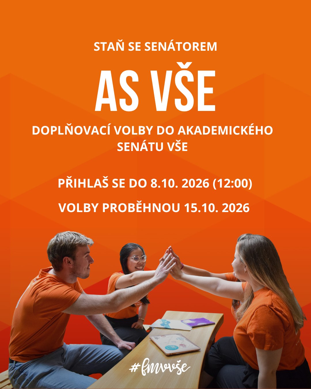 🗳️ Staň se SENÁTOREM #fmvvse v Akademickém senátu VŠE!

Chceš mít možnost ovlivňovat, co se na @vsecz děje, a zastupovat hlas studentů FMV? Teď máš příležitost zapojit se do Akademického senátu VŠE. 🧡

V doplňovacích volbách se hledá jeden zástupce studentů FMV, který bude svůj mandát vykonávat do června 2027.

📩 Přihlášku můžeš podat do 8. října 2026 do 12:00 na volby.as.fmv@vse.cz
Vzor přihlášky: „Přihlašuji se tímto do doplňovacích voleb do AS VŠE vyhlášených dne 21. 9. 2026 ve volebním obvodu studentů FMV. [Vaše Jméno a příjmení], [obor studia], [ročník studia].“

🗳️ Volby proběhnou online v INSIS 15. října 2026 od 8:00 do 16:00.

Co přesně kandidatura obnáší a jak se přihlásit?
👉 Vše najdeš v článku na webu

#menimekontaktynavztahy #studentifmv #akademickysenat #fmvjelaska