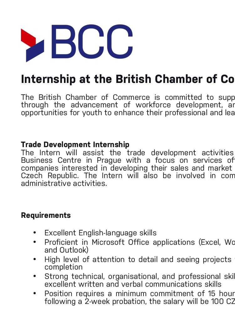 Výběrové řízení na stáž: British Chamber of Commerce